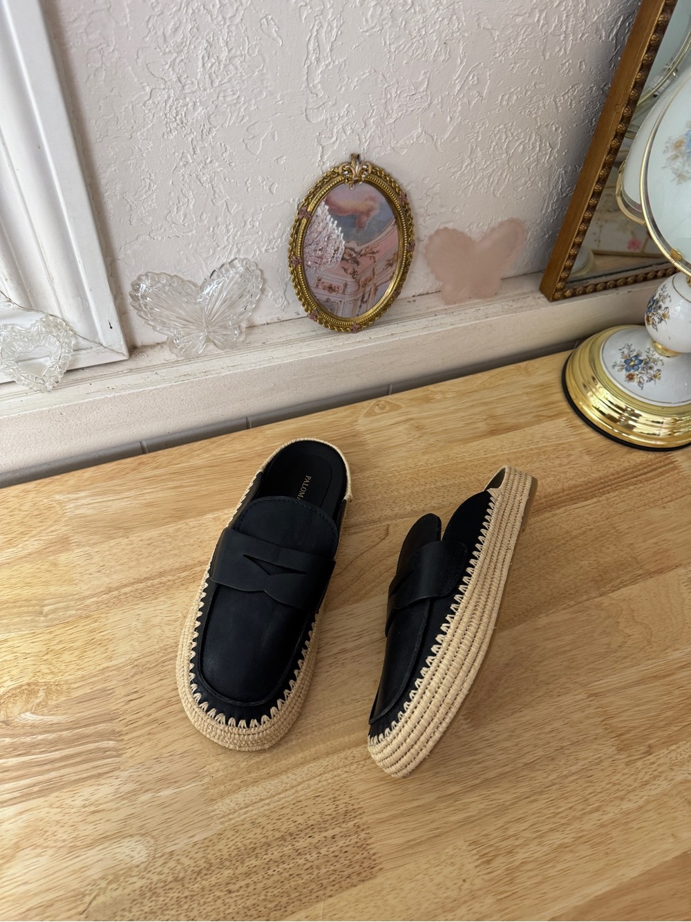 Paloma Barceló Black Leather Espadrille Loafer Mules EU 38 Classic Boho Indie